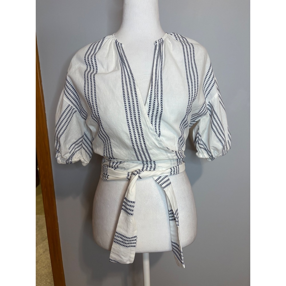 Schutz Off White Stripe Wrap Crop Top Puff Sleeve Brazil‎ Sz 34 EUR 36 NEW
